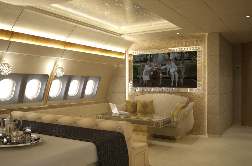 VVIP private jet bedroom interior — luxury Head of State aircraft completion